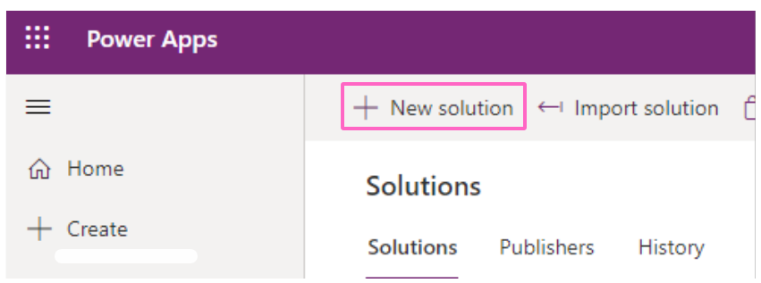 Image showing selecting New Solution option in make.powerapps.com