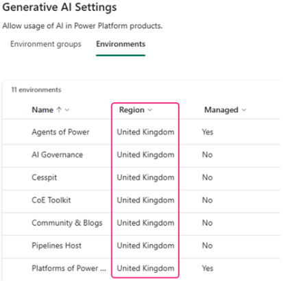 Review your environment regions ahead of configuring the Generative AI setting
