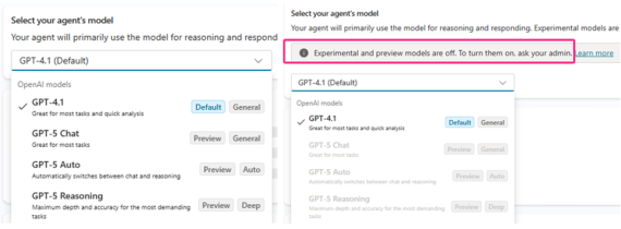 Experience in Copilot Studio when experimental & preview models are enabled verses disabled