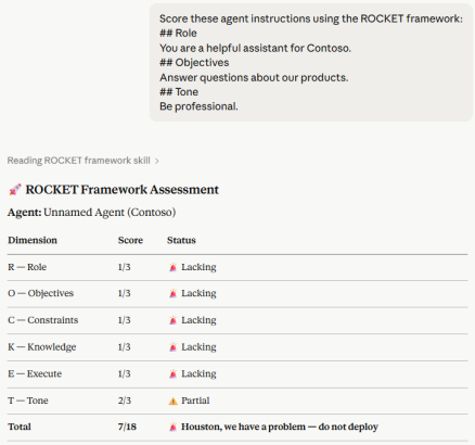 ROCKET skill output for assessing Copilot Studio agent instructions