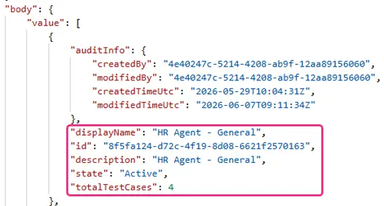 JSON output of the Get Agent Test Sets action