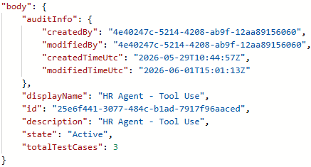 JSON output of the Get Agent Test Set Details action
