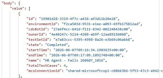 JSON output of the Get Agent Test Runs action