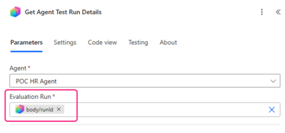 Configuring the Get Agent Test Run Details action for automated Copilot Studio evaluations