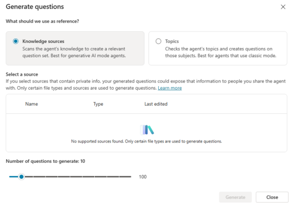 Full question set generation using knowledge or topics in Copilot Studio evaluations