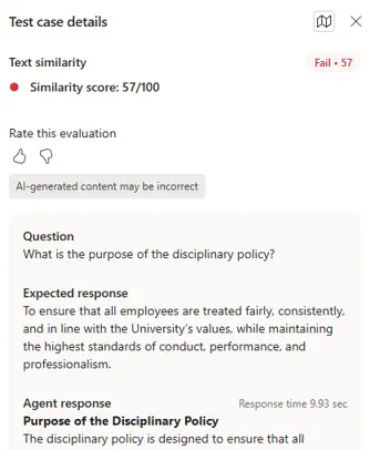 Test case details in Copilot Studio evaluations
