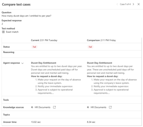 Compare test cases in Copilot Studio evaluations